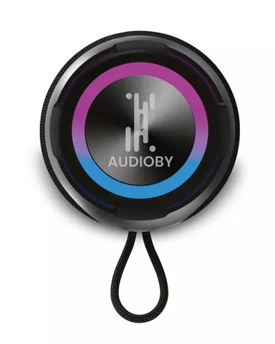 Caixa de som com logotipo da empresa