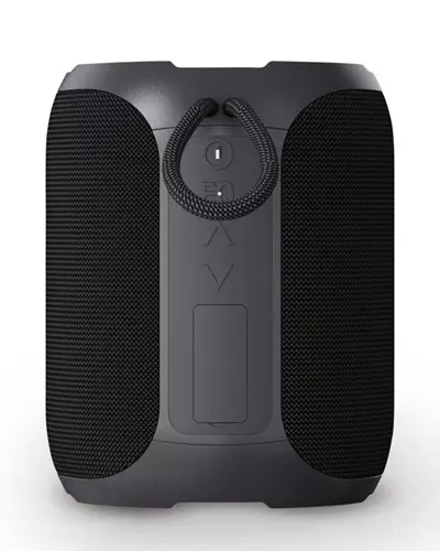 Caixa de som com logotipo da empresa